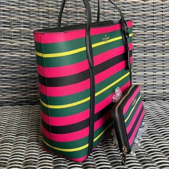 Kate Spade Wrapping Paper Large Tote Multi & Staci Wrapping Paper Stripes Wallet - Picture 4 of 16
